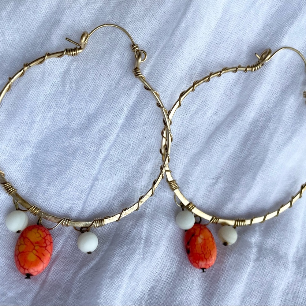 Brass Hoop Earrings Pink Howlite and MOP Beaded Wire Wrapped‎ Handmade